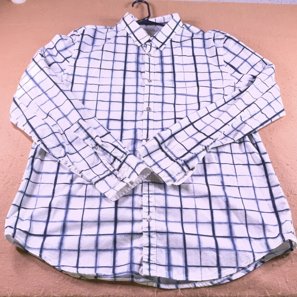 Calvin Klein Jeans Mens Large White Blue Windowpane Check Button Down Shirt L